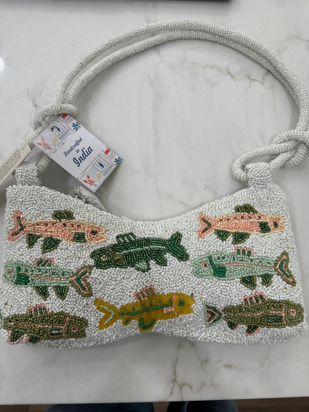 Made in India viral Hand-Beaded White Fish Motif Shoulder Bag